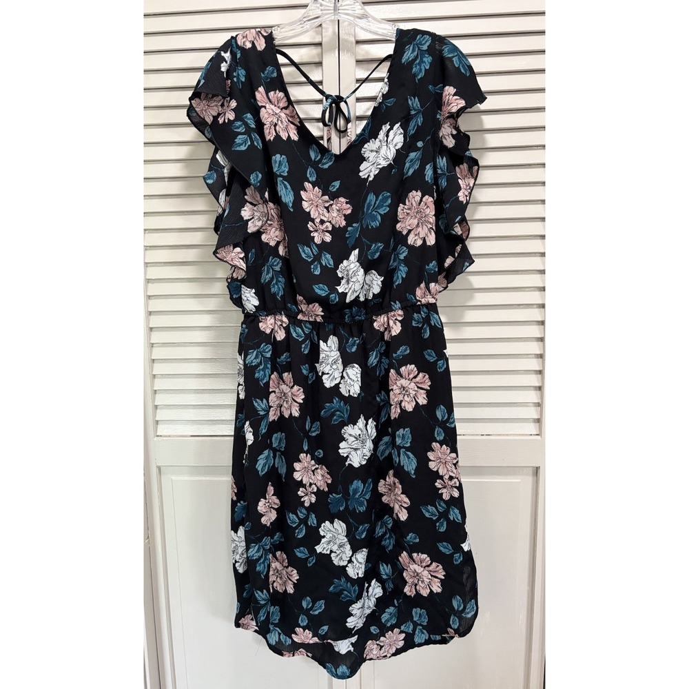 Merona Floral Black/Pink Elastic Waist Tie Back Chiffon Lined Midi Dressโ Size M